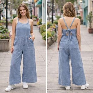 White Birch 100% Cotton Gauze Wide Leg Jumpsuit | Blue Tie Back Adjustable Strap